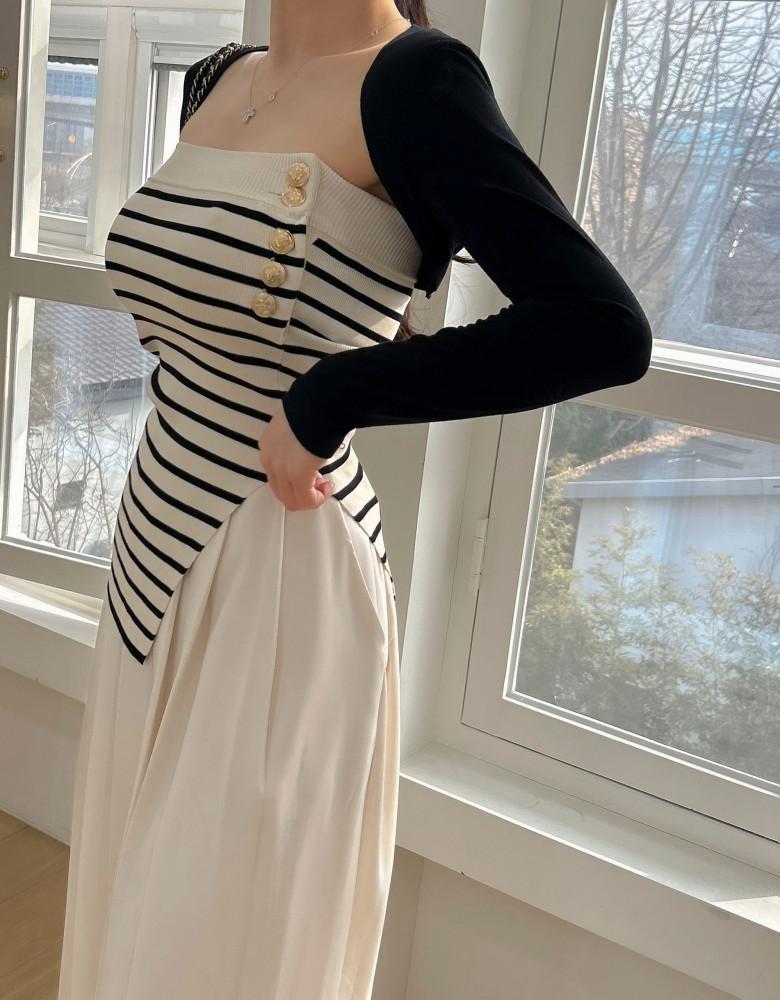 골드버튼 스트라이프 단가라 튜브탑 브라탑니트