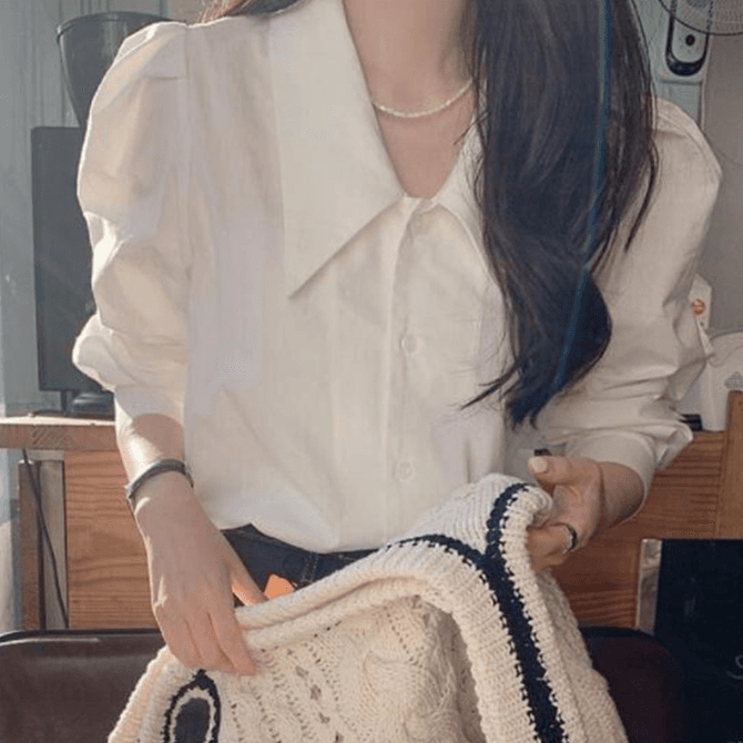 브이넥 빅카라 퍼프 소매 셔츠 블라우스