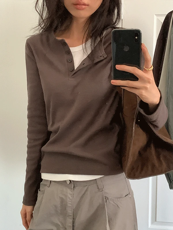 나이니 큐브라떼 버튼 헨리넥 레이어드 긴팔 티셔츠