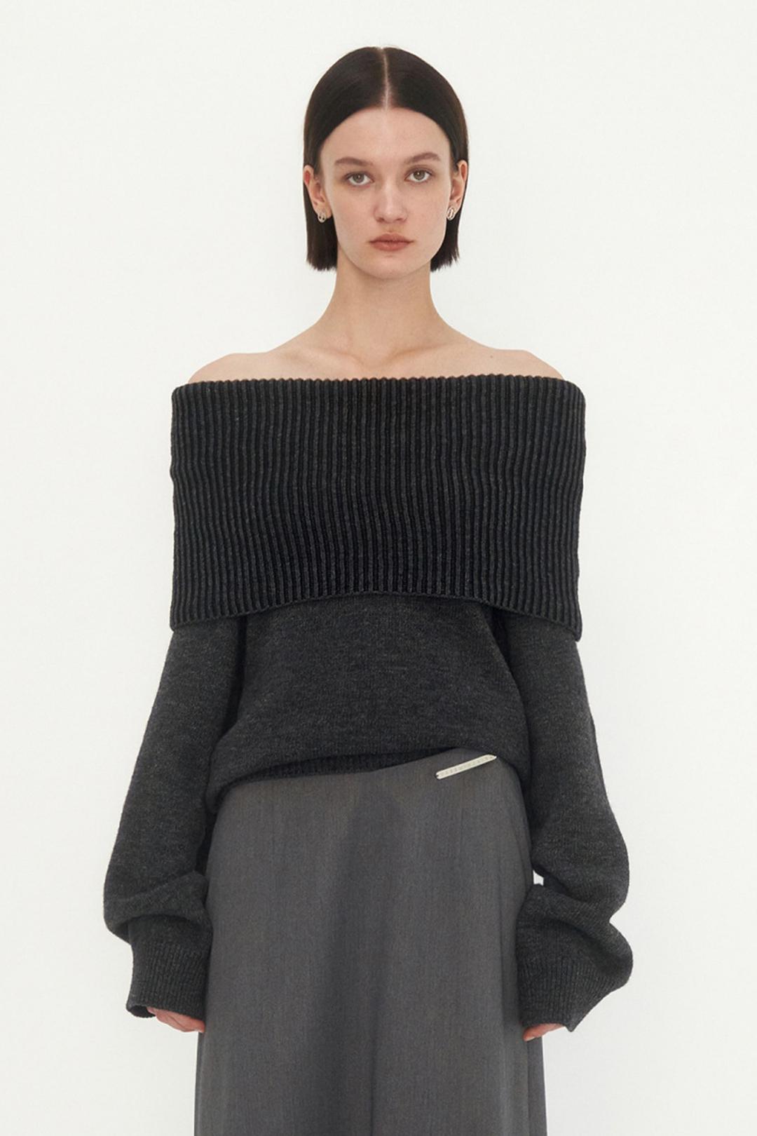 Ribbed Open Shoulder Knit [ Charcoal ]