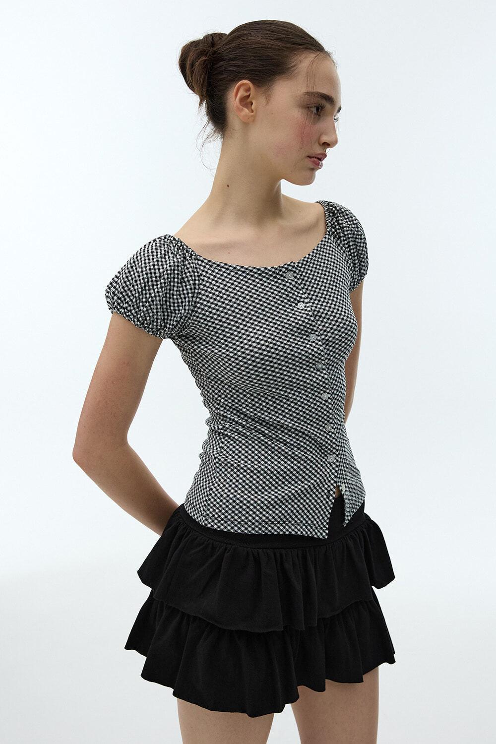 RIA CHECK PUFF OFF-SHOULDER CARDIGAN - BLACK