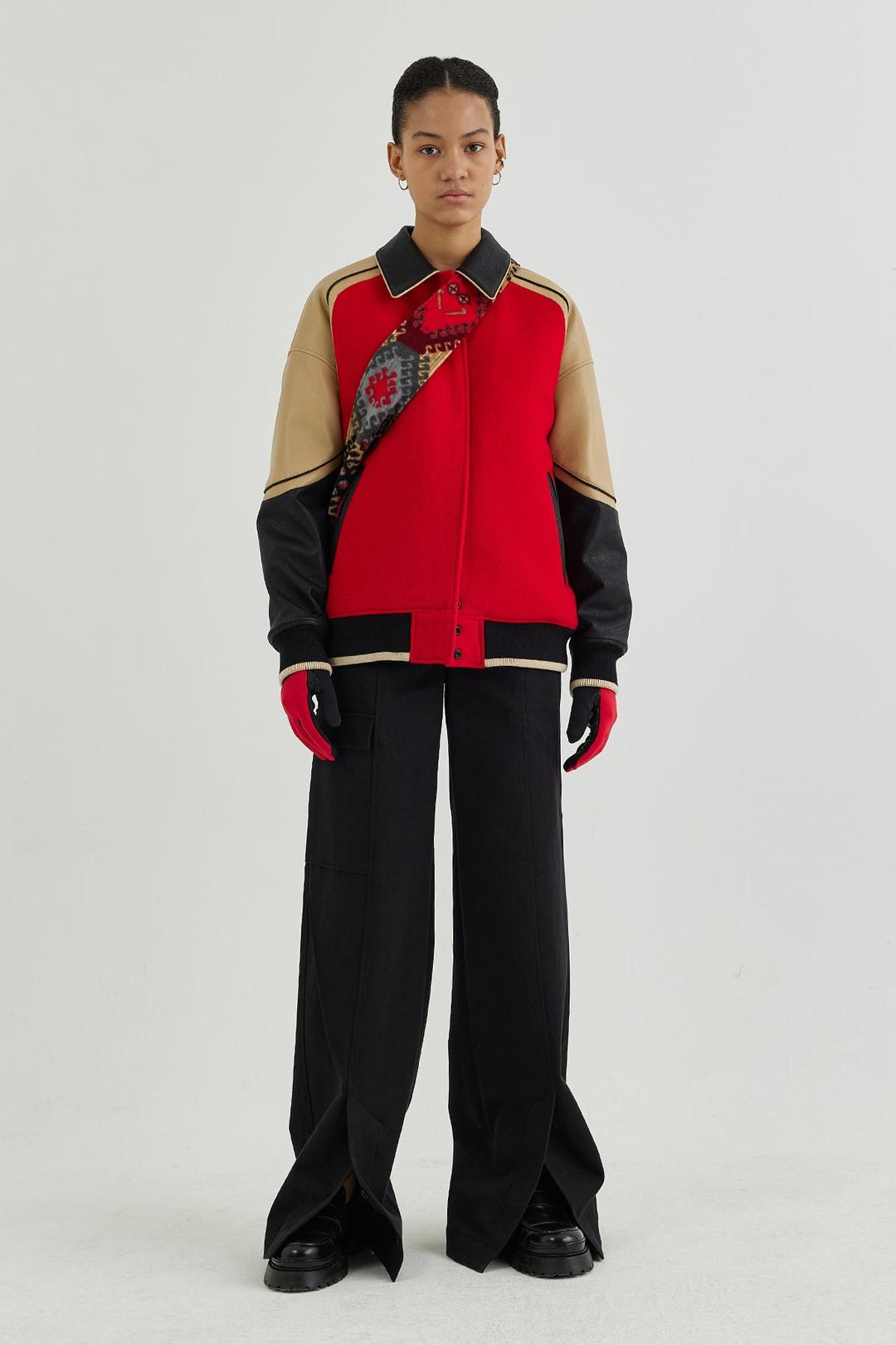 Vegan leather-trimmed wool-blend bomber jacket - RED / S