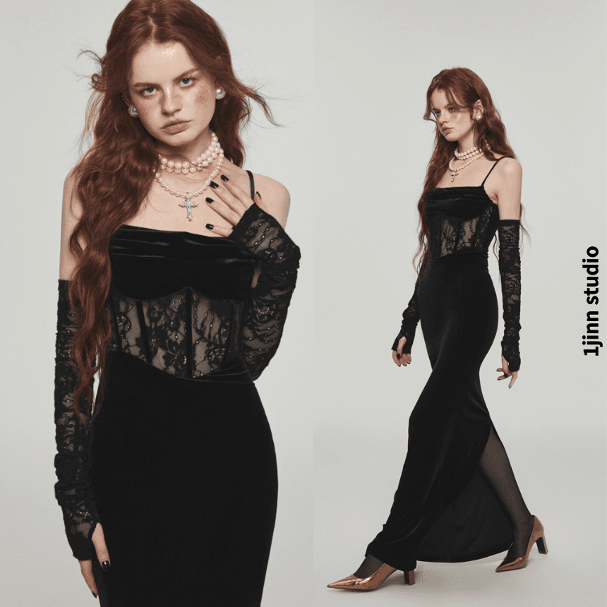 1JINN STUDIO 원진스튜디오 원피스 피쉬본 서스펜더 롱 벨벳 슬림 맥시 원피스