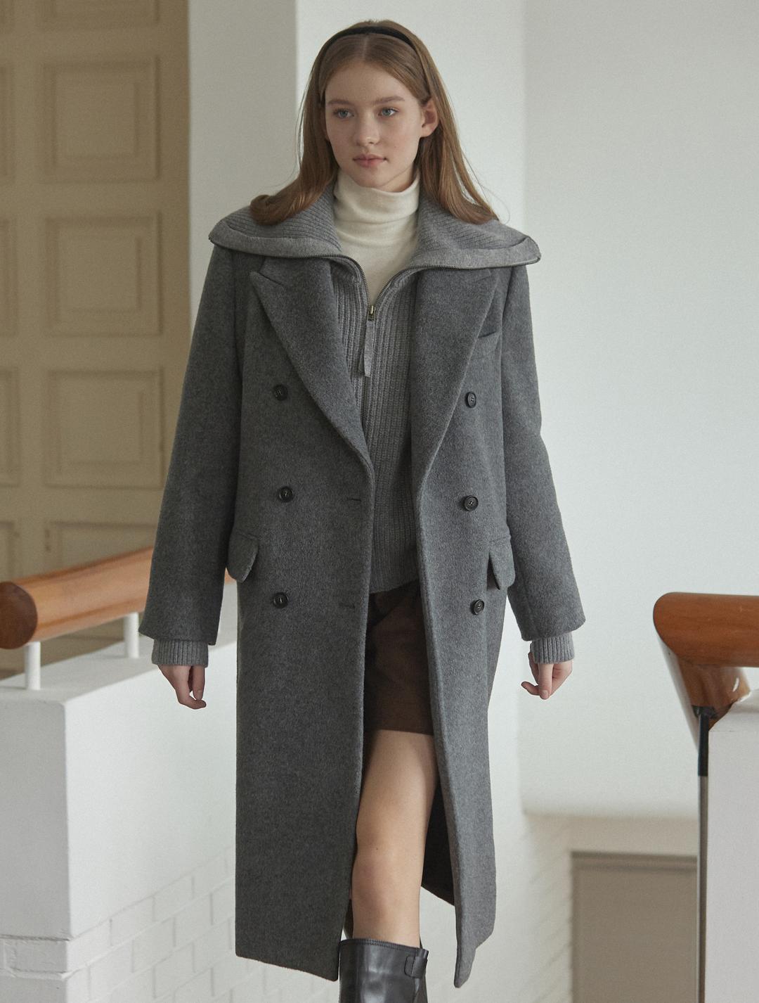 Wool Blend Double Coat - Charcoal