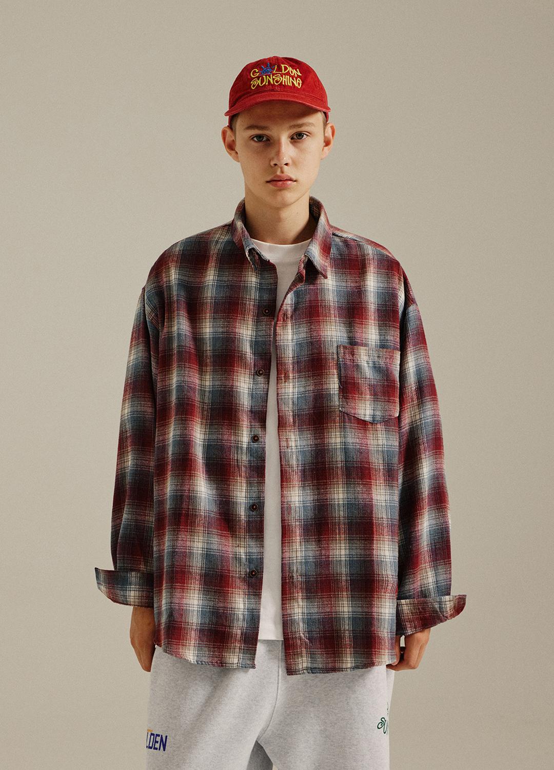 Overfit Plaid Check Shirt Red
