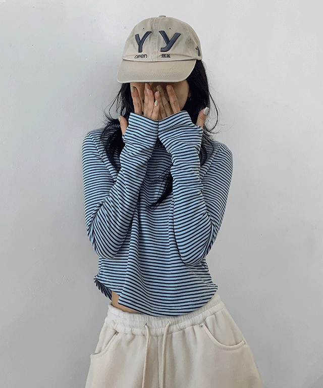 데비아 스트라이프 기모 후드 긴팔 티셔츠