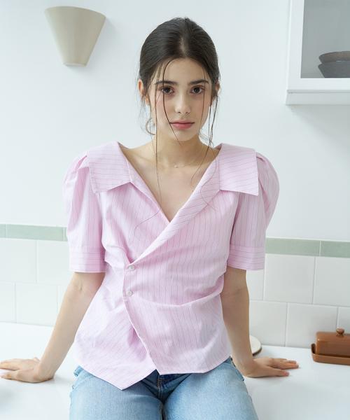 퍼프 슬리브 스트라이프 칼라 랩 블라우스_핑크
