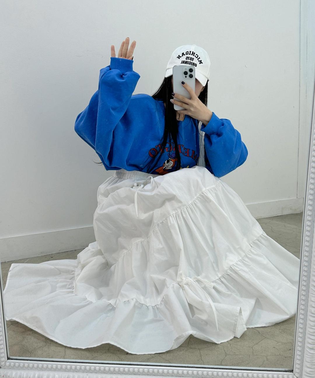 타이니모 빅사이즈 플레어 A라인 캉캉 리본 맥시 롱 바스락 면 밴딩 봄 스커트 발레코어룩