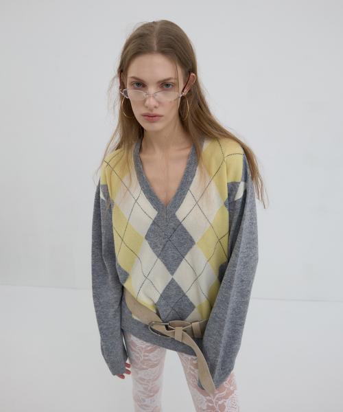 CLASSIC ARGYLE V-NECK KNIT_LEMON/GREY