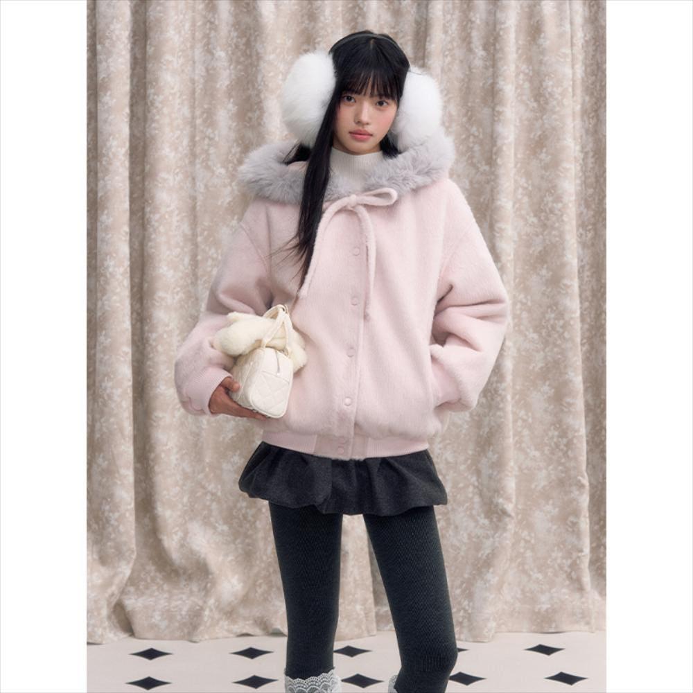 Soote Season pink bow hooded baseball jacket