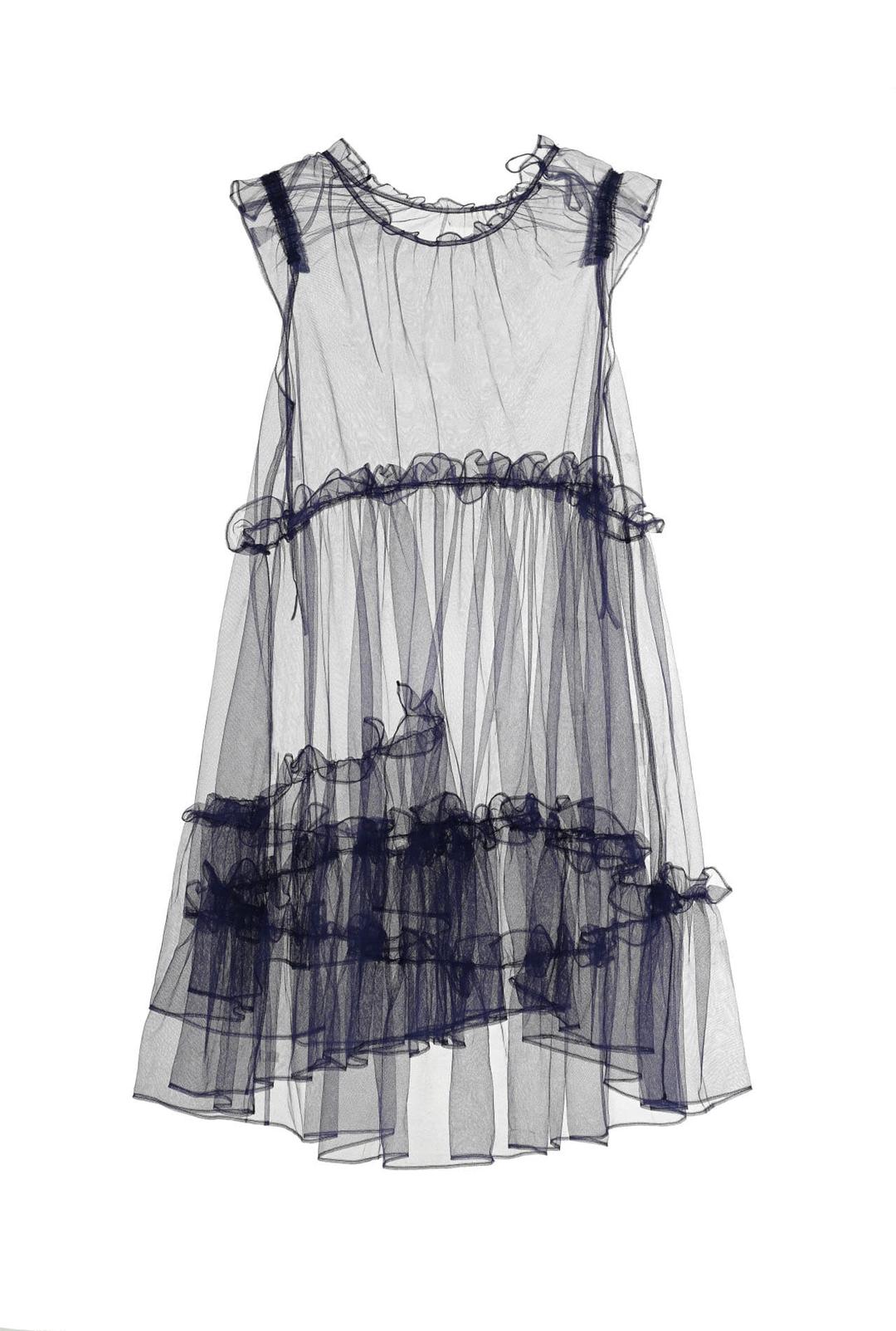 MESH RIBBON RUFFLE DRESS (NAVY)