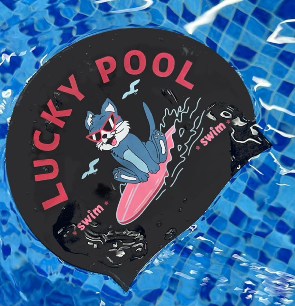 럭키풀 서핑 고양이 귀여운 블랙 검정 수모 실리콘 수영모 : 리틀라임샵