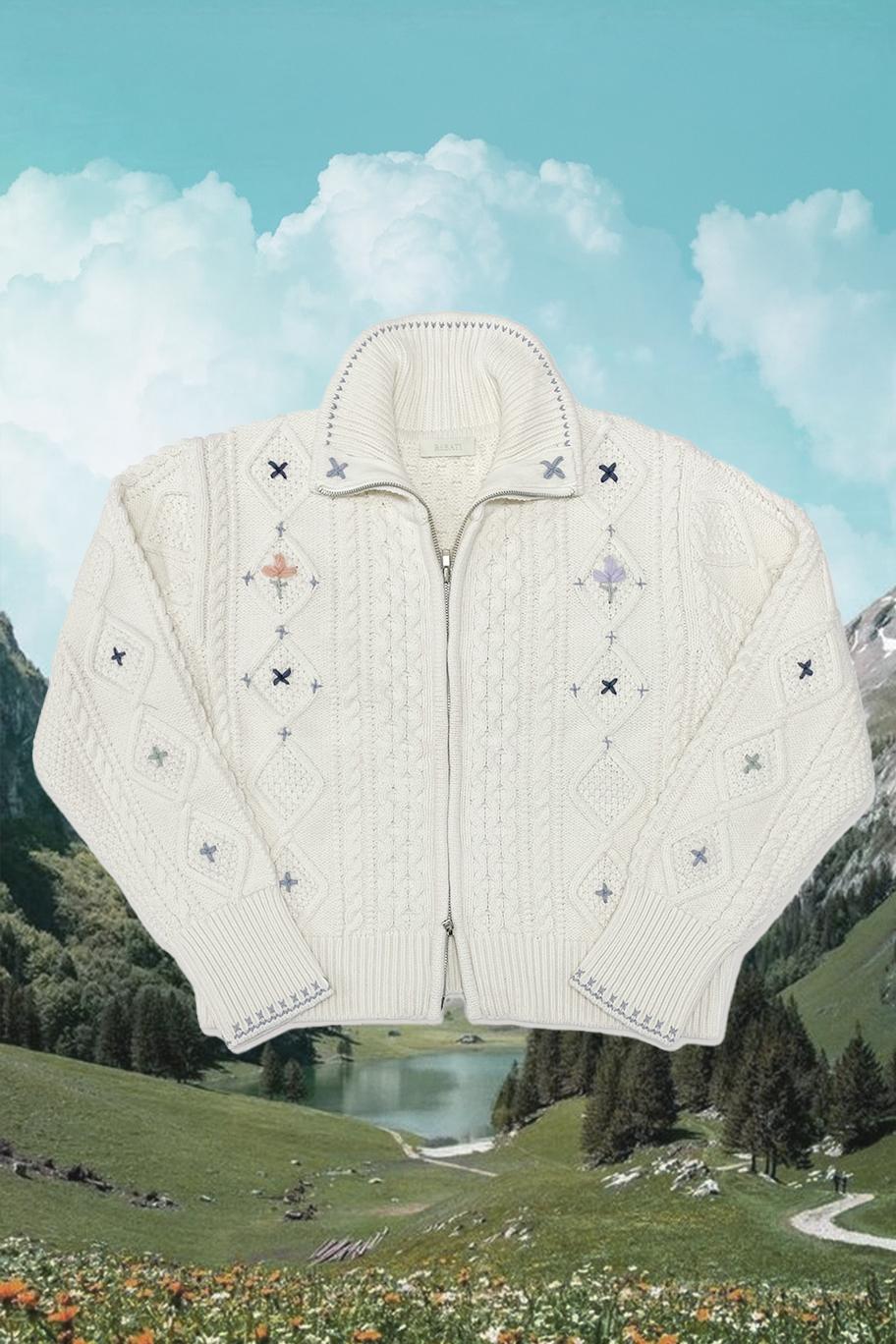 Alps Knit Zip-up Cardigan Flower Stitched by Hand_IVORY