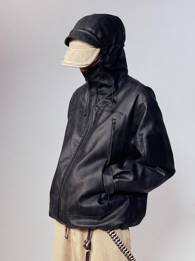 [Monterest] PU Leather Hooded Jacket