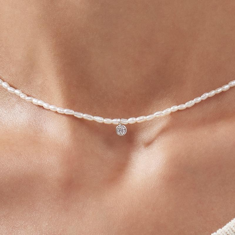 실버 라이스진주 라운드 스톤 위아몬즈 목걸이