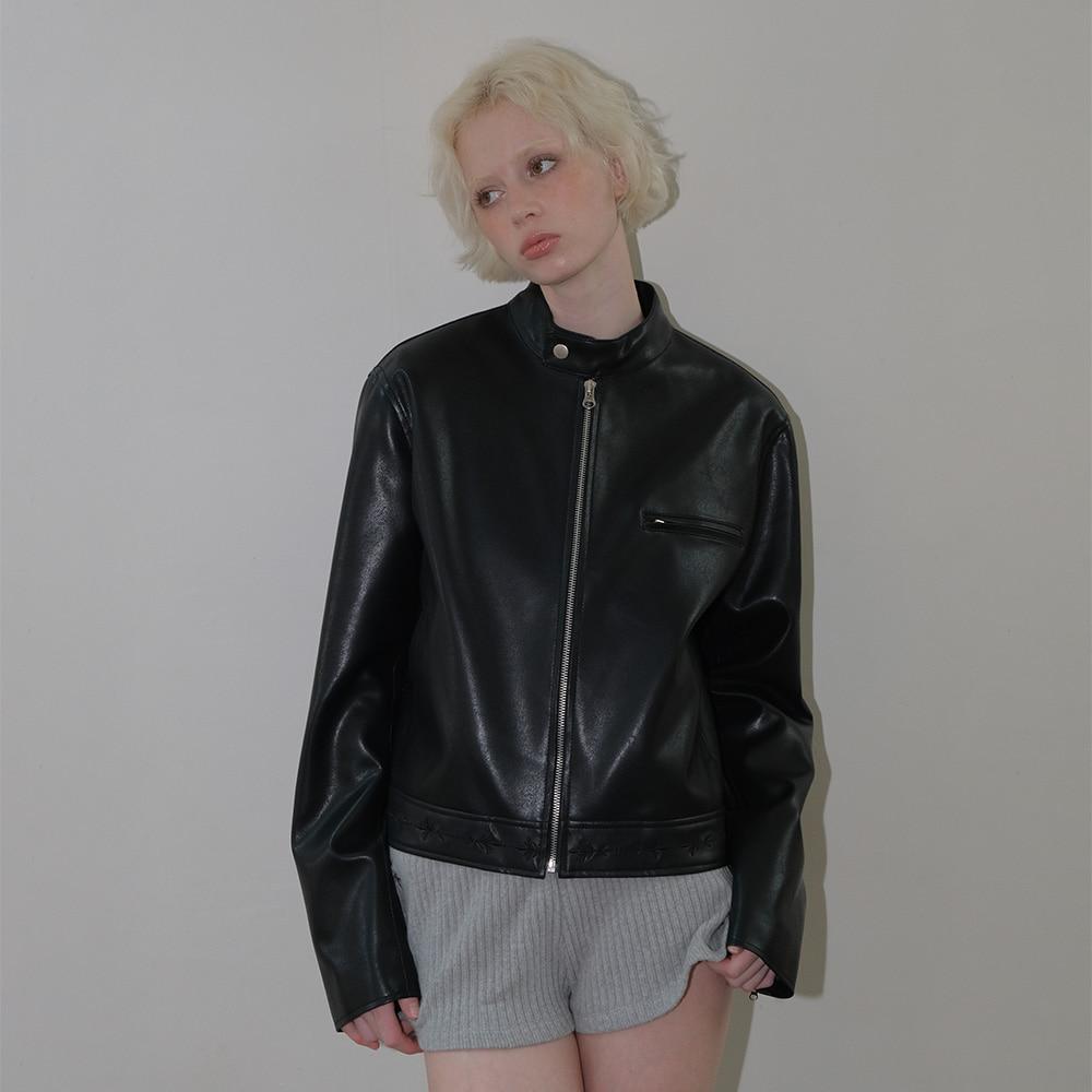 C EMBROIDERY FAUX RIDER JACKET_BLACK