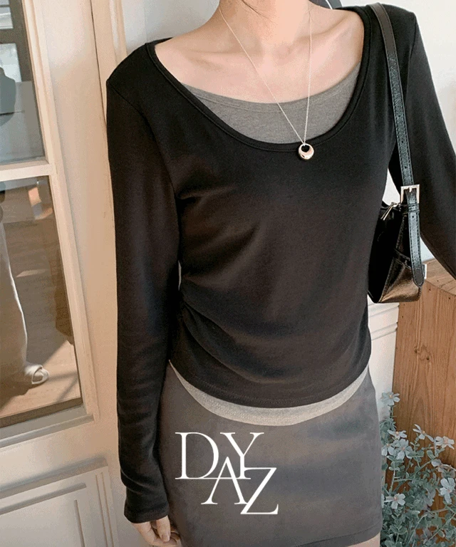 [made/여리핏]로던 배색 레이어드 슬림핏 셔링 긴팔 티셔츠 - 7color