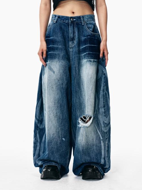 DAMAGED WASHED BALLOON DENIM PANTS BLUE