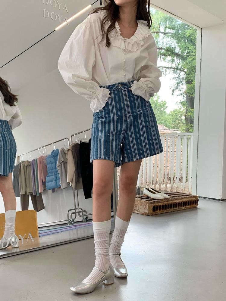 스트라이프 하이웨스트 데님 반바지