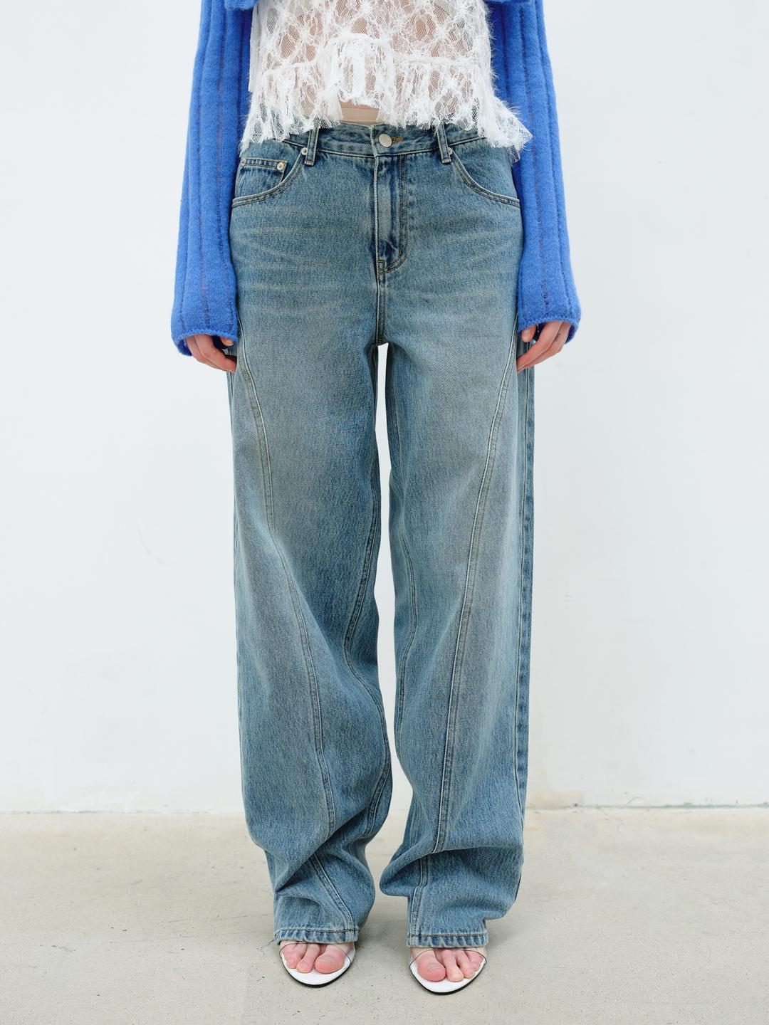 CURVED LINE WIDE JEANS - BLUE