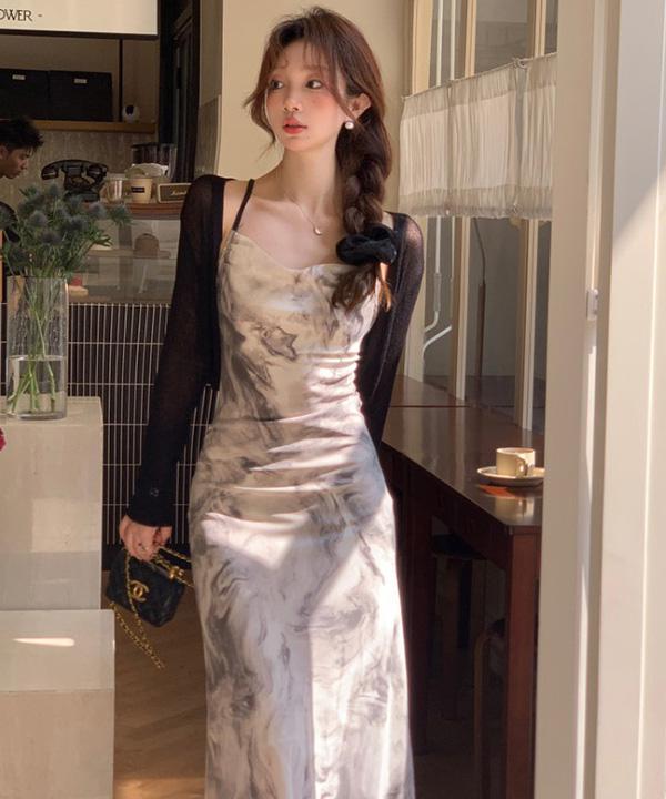 클런 오리엔탈나염 백리스 슬링 롱원피스+숏가디건 투피스세트SET