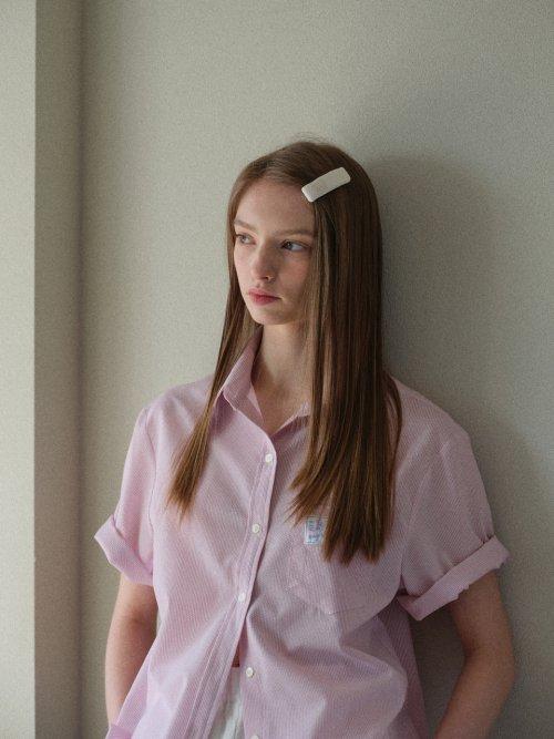 하프 슬리브 시어서커 셔츠(핑크 스트라이프)