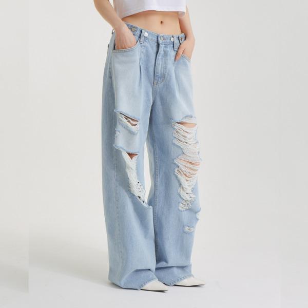 [언노운플라넷] 디스트로이드 턱 와이드 데님 팬츠