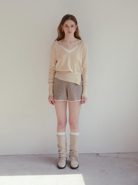 LACE SLIP V NECK KNIT_BEIGE