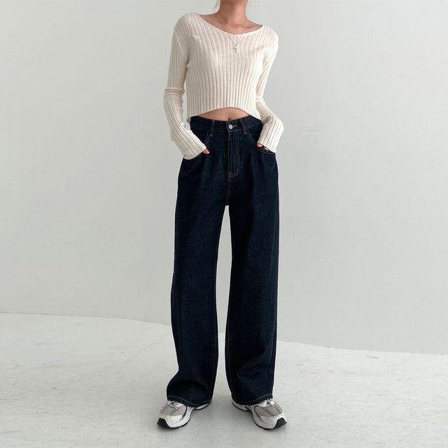 즈본 여자 블랙 와이드데님 생지 하이웨스트 롱 와이드청바지