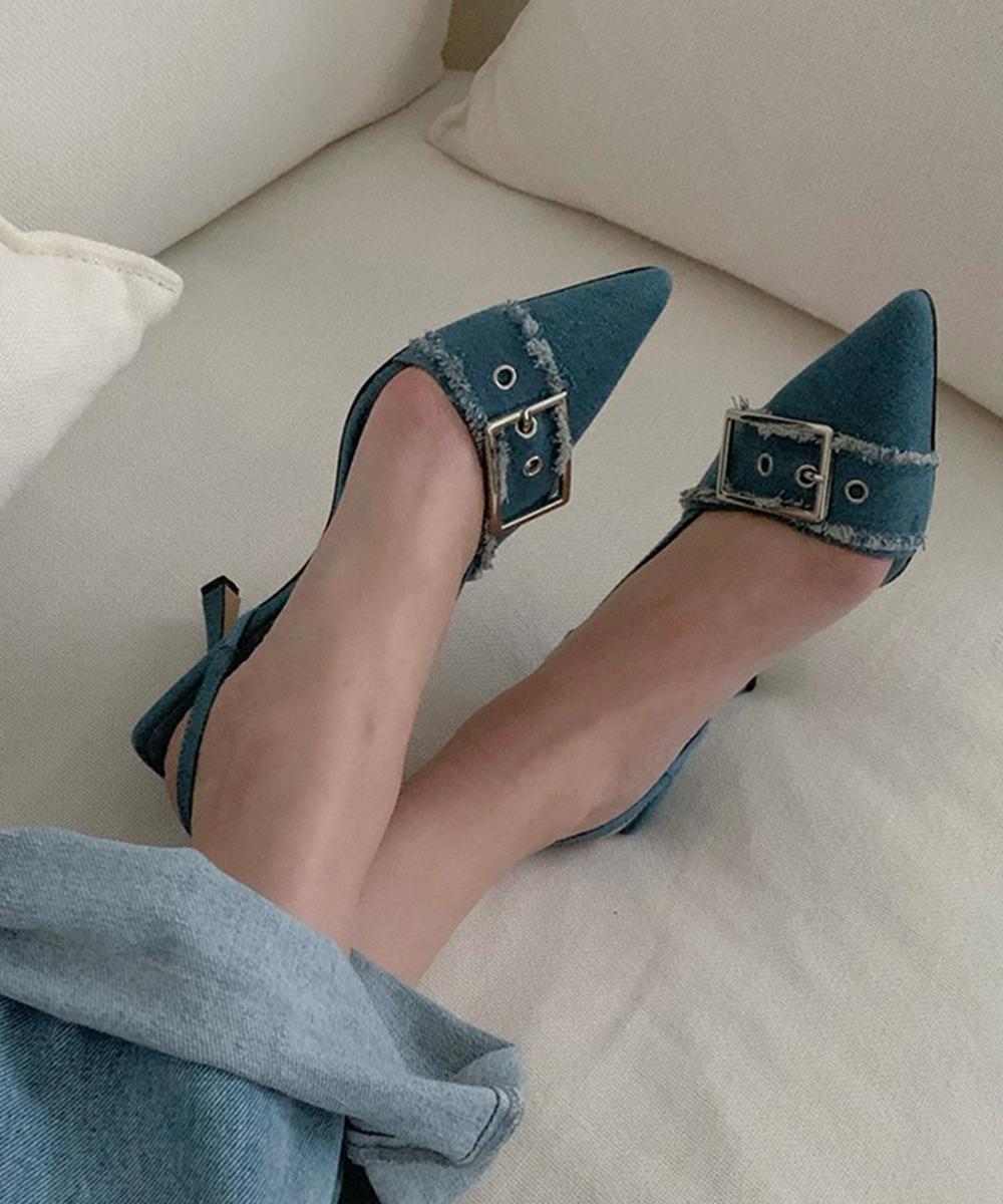 데님 버클 벨트 슬링백힐 8CM