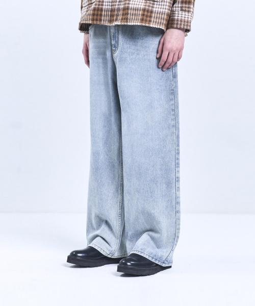 87-STAN169 빈티지 데미지 캣샌드 워싱 와이드 데님팬츠 빈티지블리치