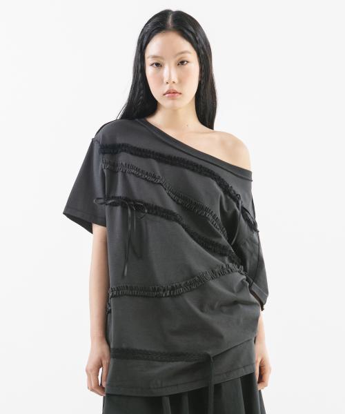 LACE STRAP OVERSIZED T-SHIRT [CHARCOAL]