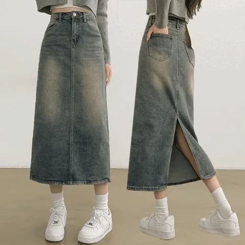[겨울치마/청치마] 니켈 하이웨스트 워싱 데님 뒷트임 롱 스커트 (2color)