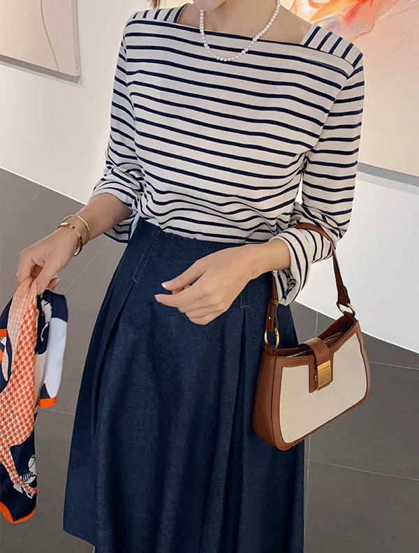 스트라이프 스퀘어넥 티셔츠 (5col)<span style=font-size:0pt