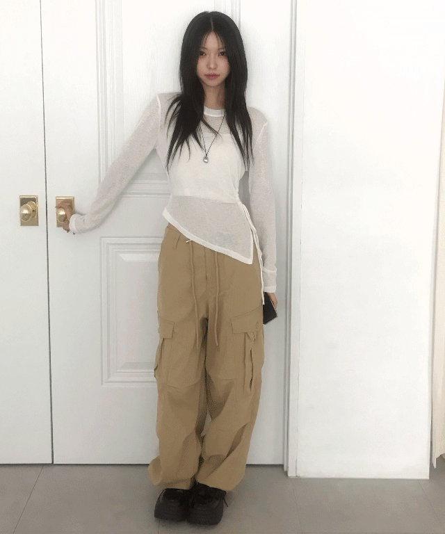 유색 [간절기템🤍/살안타룩] 네린 시스루 셔링 트임 언발 니트