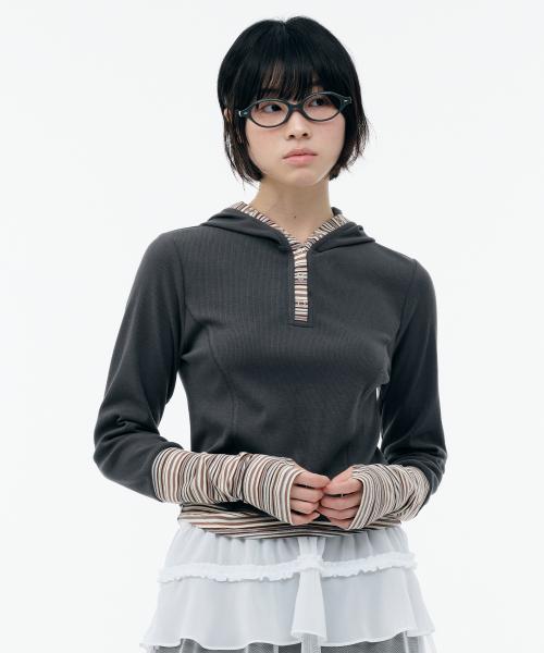 STRIPE BUTTONED HOODIE [CHARCOAL]