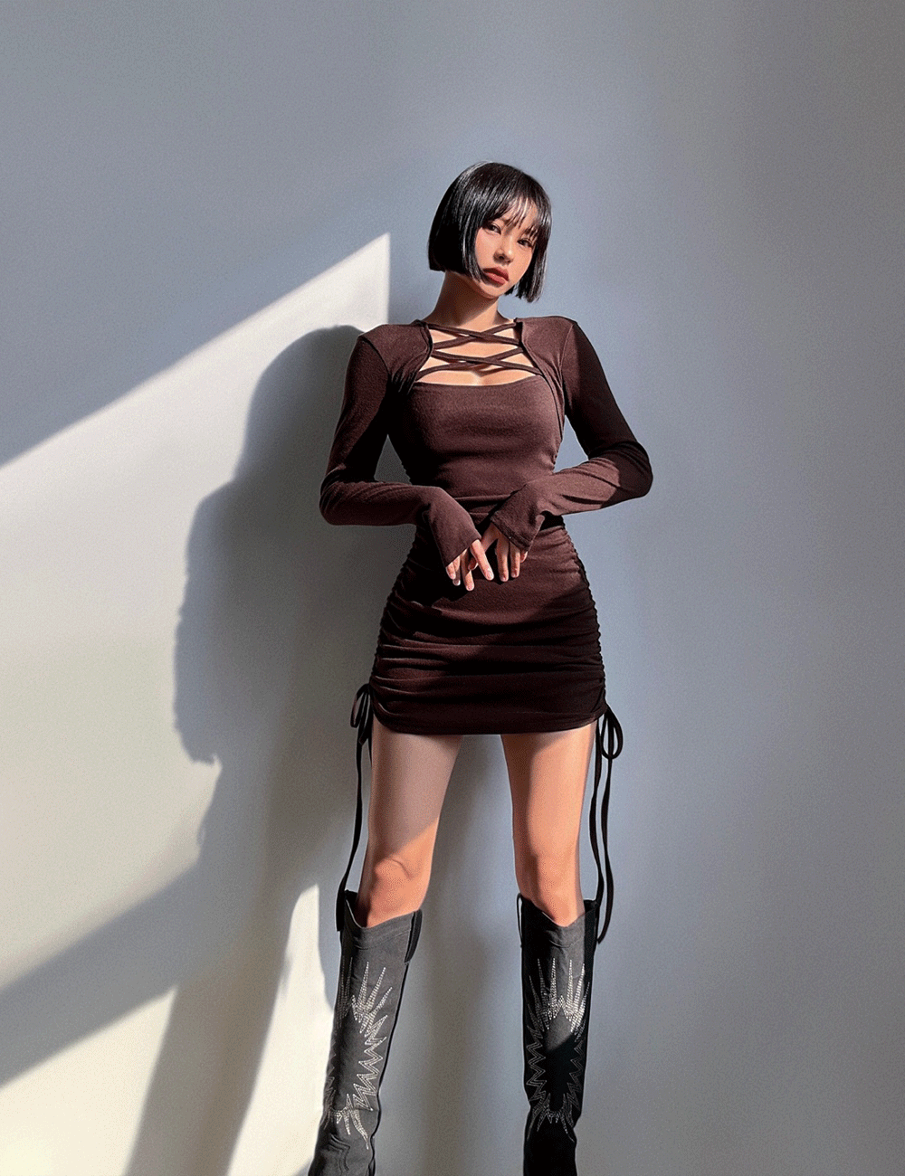 (겉기모) 볼레로 X끈 스트링 셔링 원피스