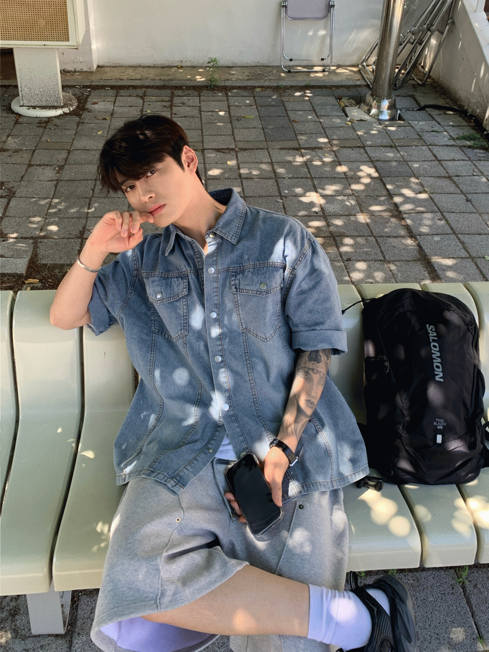 체스트 버튼 데님 반팔셔츠