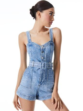 KEI SWEETHEART NECKLINE DENIM ROMPER