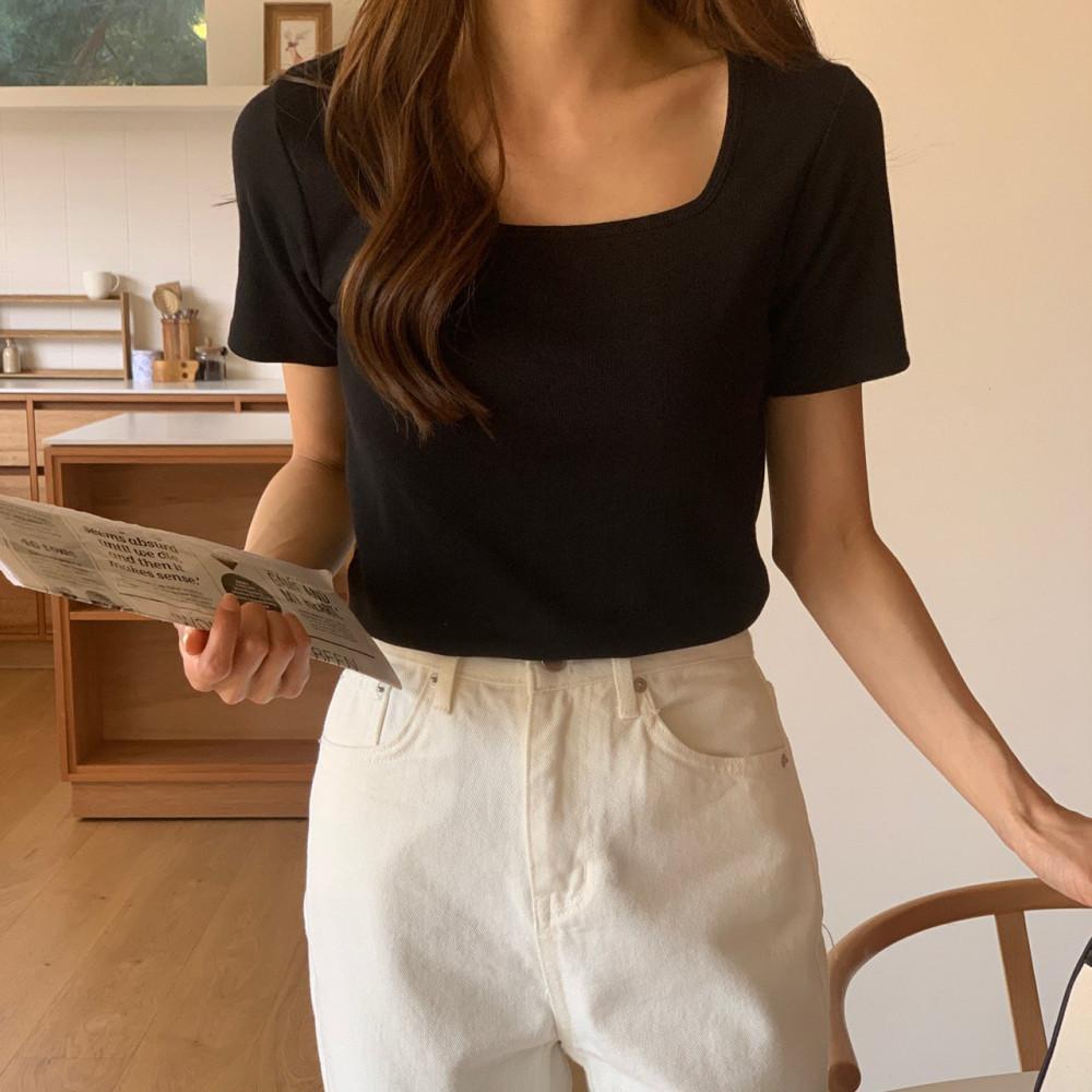 슬림핏 스퀘어넥 반팔 티셔츠 (아이보리 크림 멜란지그레이 블랙)