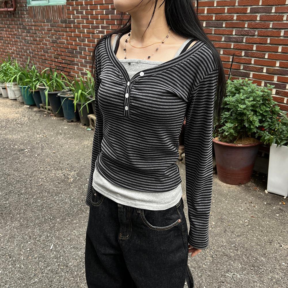 [2c] 아온 빈티지 스트라이프 단추 유넥 티셔츠