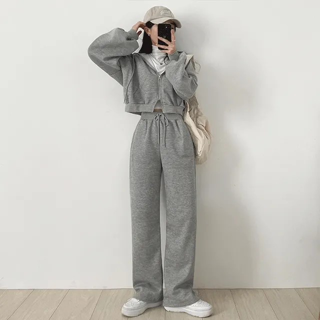 (투웨이집업SET) (기본&롱) 도톰기모 트레이닝 투웨이크롭집업 와이드팬츠세트 3color