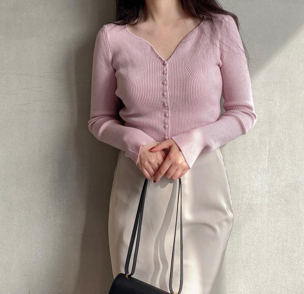 하트넥 가디건 오르 골지 니트 플린하트넥가디건