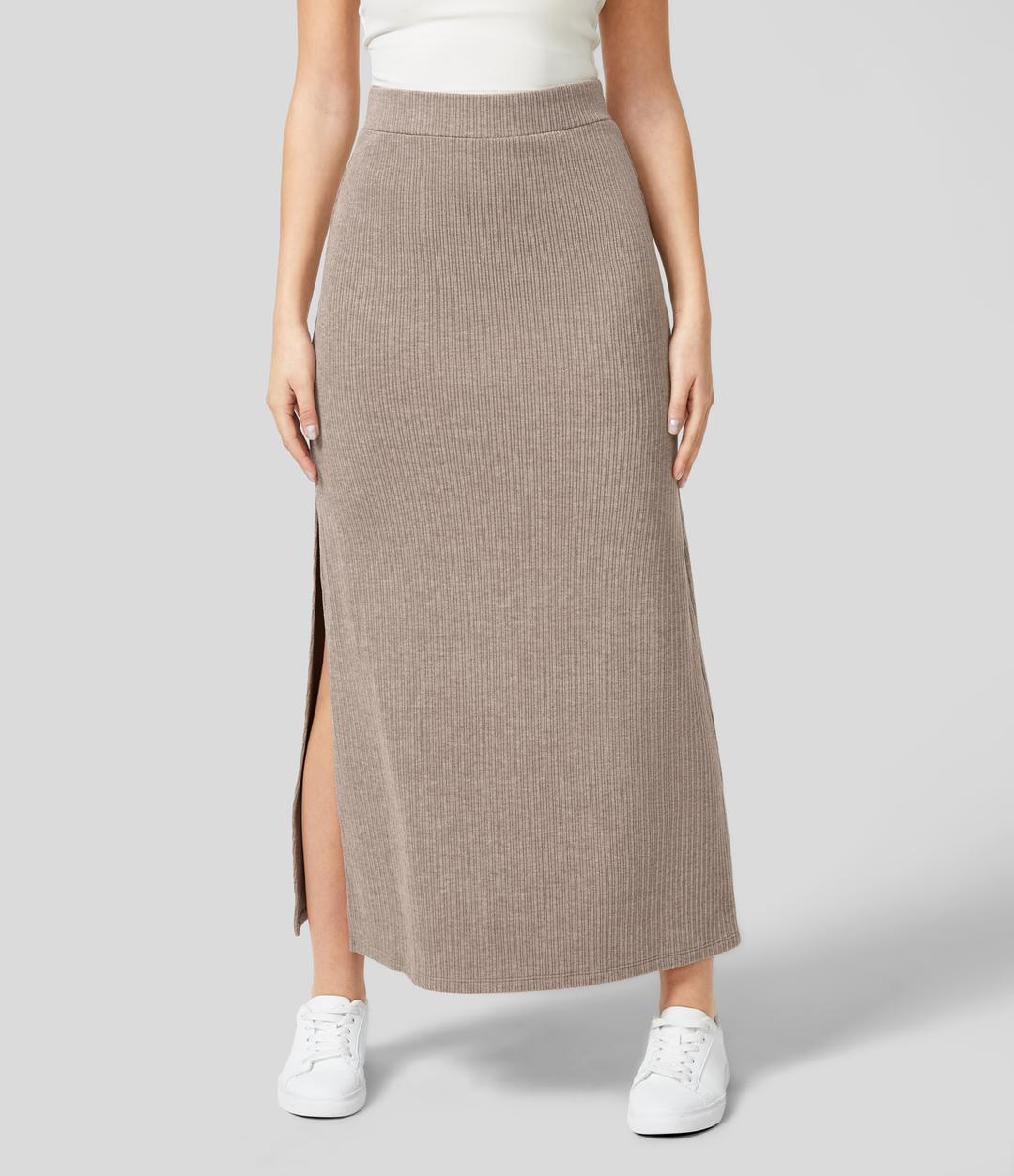 골지 하이웨이스트 스플릿 밑단 A라인 맥시 캐주얼 스커트