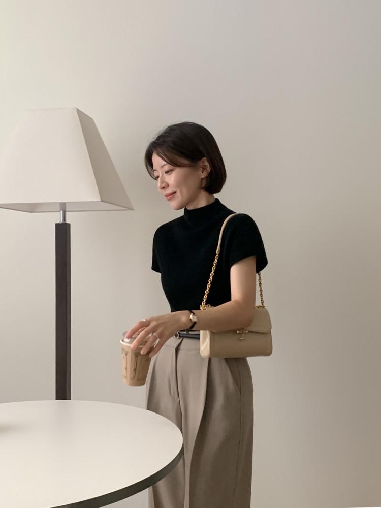 키작녀 뉴로 캐시미어 파인울 반목 반팔 니트