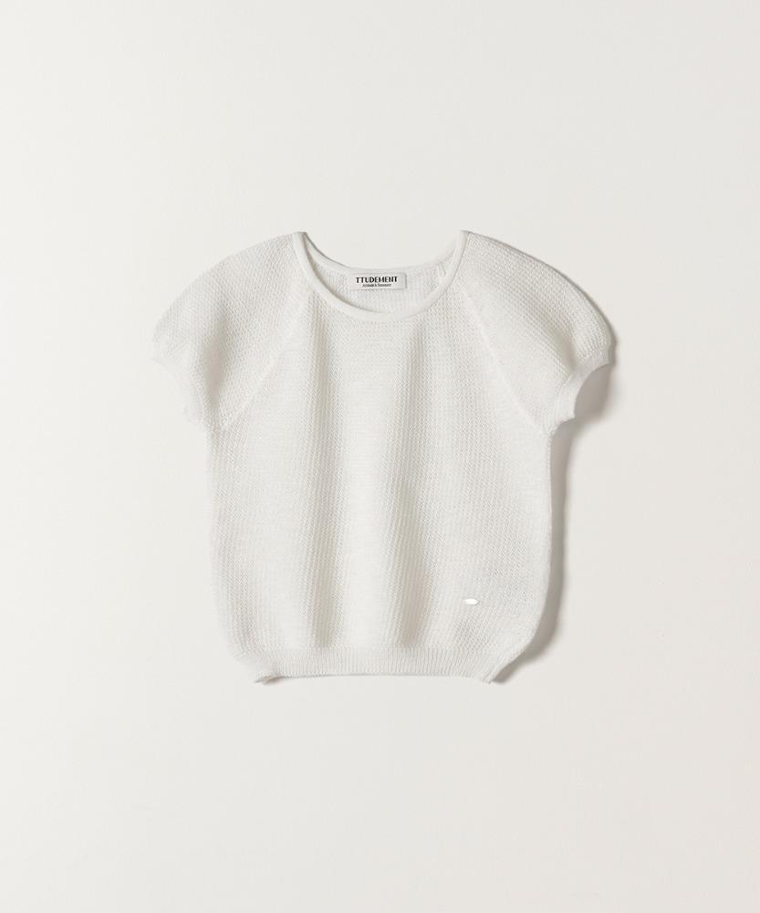 PUFF SLEEVE ROUND NECK KNIT TOP WHITE
