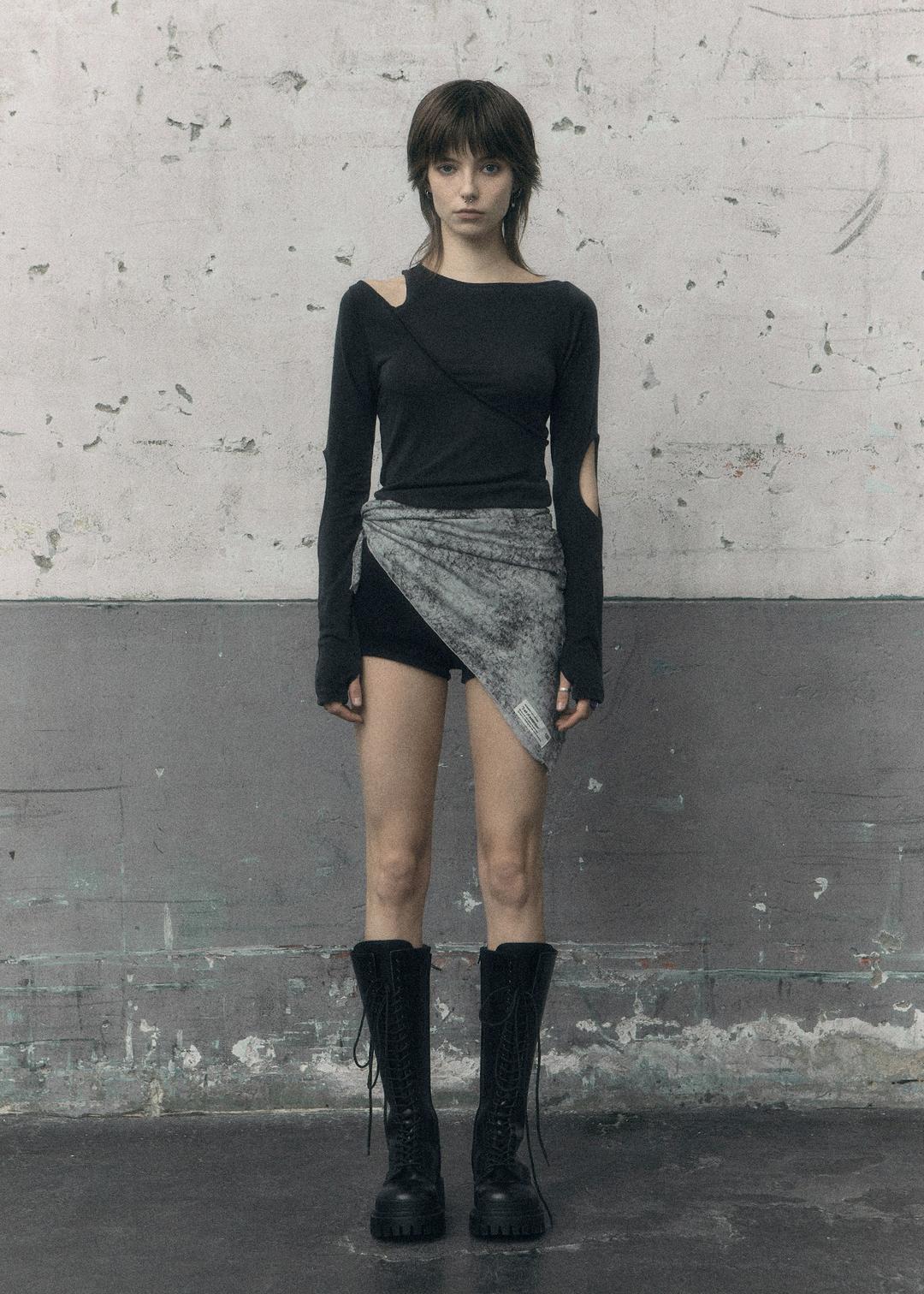 SLEEVE HOLE LAYERD T, ASH CHARCOAL