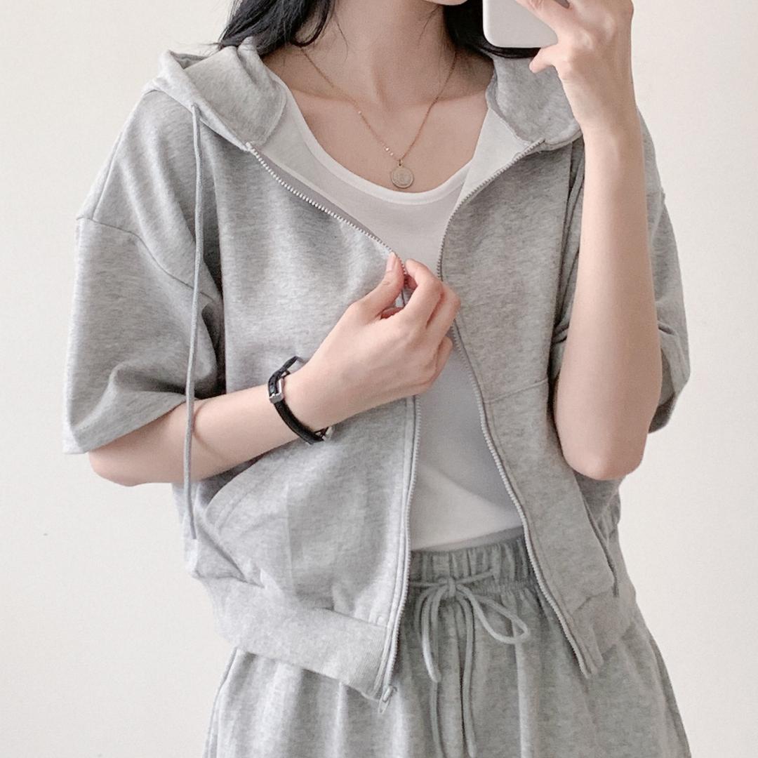 더롯 (당일) (1+1) [데일리/세트가능] 캐주얼 크롭 반팔 후드집업 (3color)