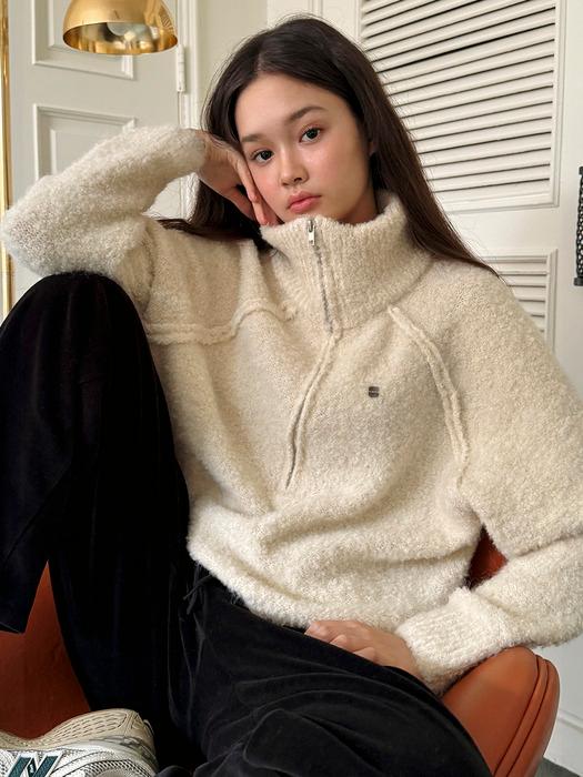 알파카 헤어리 하프집 스웨터 아이보리