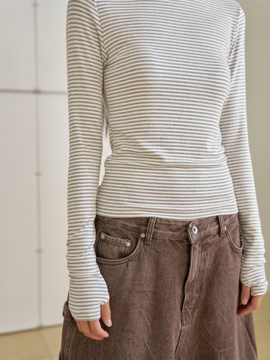 리브 스트라이프 롱 슬리브 - 아이보리